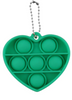 Heart shaped green bubble pop fidget keychain. It has two bubbles on the top row, three in the middle, and one on the bottom, for a total of 6.