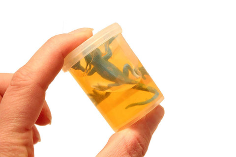 A person's hand holding up a closed jar of orange lizard slime with a real lizard inside.