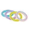 Four iridescent phone cord bracelets. From left to right, they are sky blue, purple, yellow, and pink.