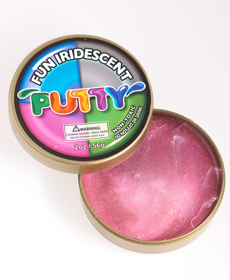 An open container of pink, iridescent sparkly putty.