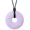 Lilac Donut chewable necklace with white, pink, green, blue, and yellow sprinkles