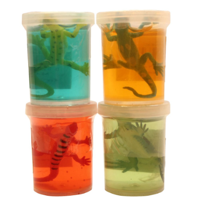Lizard Slime Jars. From top to bottom, left to right: blue with yellow lizard, orange with teal lizard, red with red lizard, and green with green lizard.