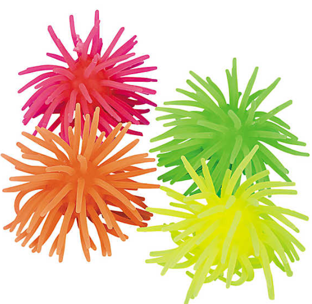 Four mini puffer balls, in pink, orange, green, and yellow