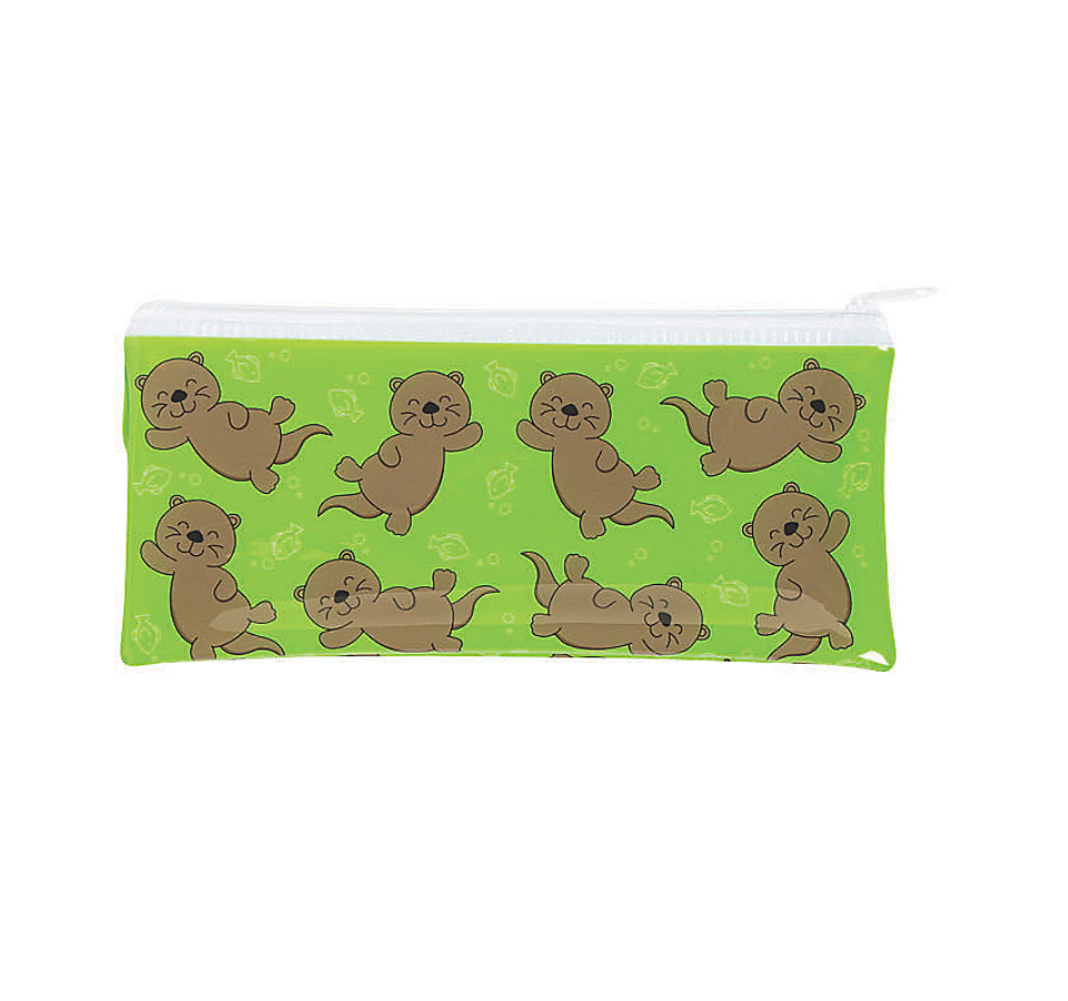 A lime green animal fidget bag with otters and fish.