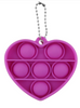 Heart shaped purple bubble pop fidget keychain. It has two bubbles on the top row, three in the middle, and one on the bottom, for a total of 6.