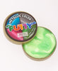 An open container of neon green metallic putty.