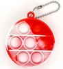 Circular shaped red and white tie dye bubble pop fidget keychain. It has three rows of bubbles, with the top and bottom having two bubbles, and the middle having three bubbles, for a total of 7.
