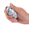 A person's hand holds a robo pal stress toy and squeezes it lightly.