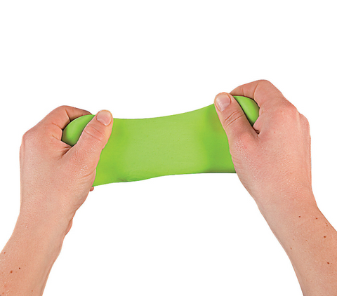 Green Super Soft Putty Ball being stretched by two hands