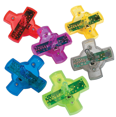 Six light up tops, in red, yellow, purple, blue, green, and gray