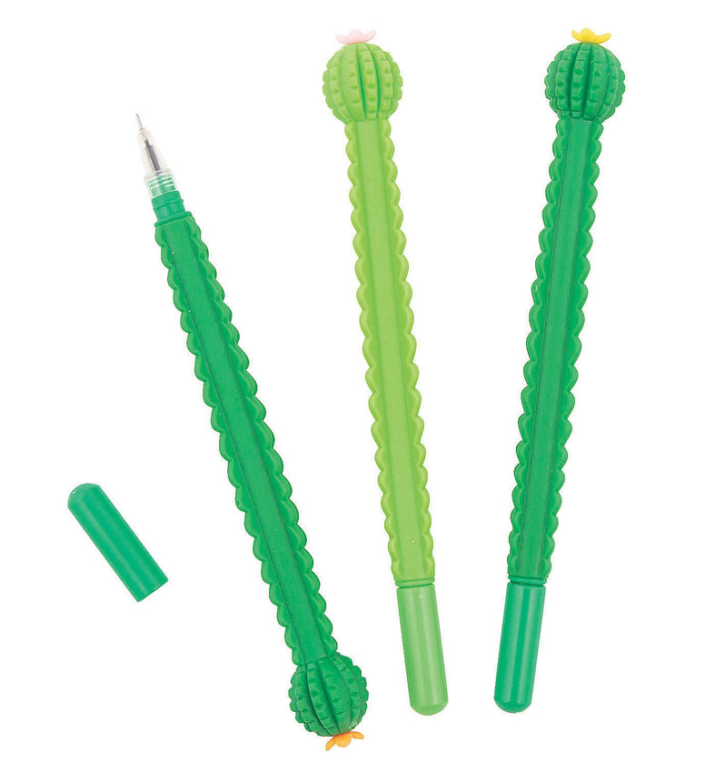 Three textured cactus pens. The top end of the pens have a circular cactus and a small flower. Along the body of the pens are ridges and bumps. Two of the pens are dark green and one is light green.